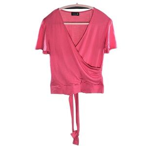 Pink V-neck Cropped Short Sleeve Top with Cute Bottom Warp Around Tie
